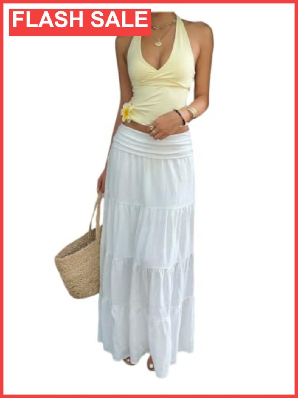Boho Flowy Drop Waist Ruffle Maxi Skirt Low Rise A-Line Summer Concert